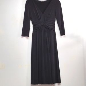 Deep V Ruched Waist Black Midi Dress with 3/4 Sleeve